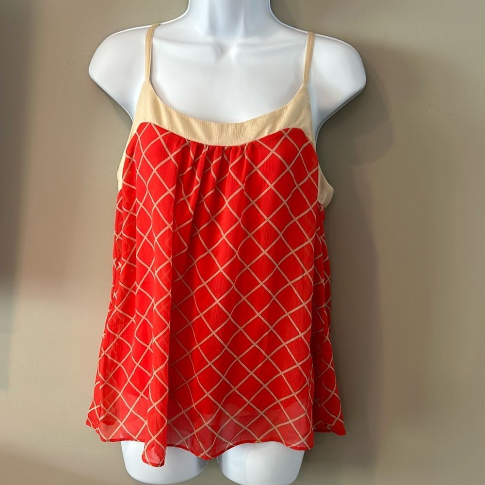 New York & Company Women's Red & Gold Checkered Spaghetti Strap Blouse Medium